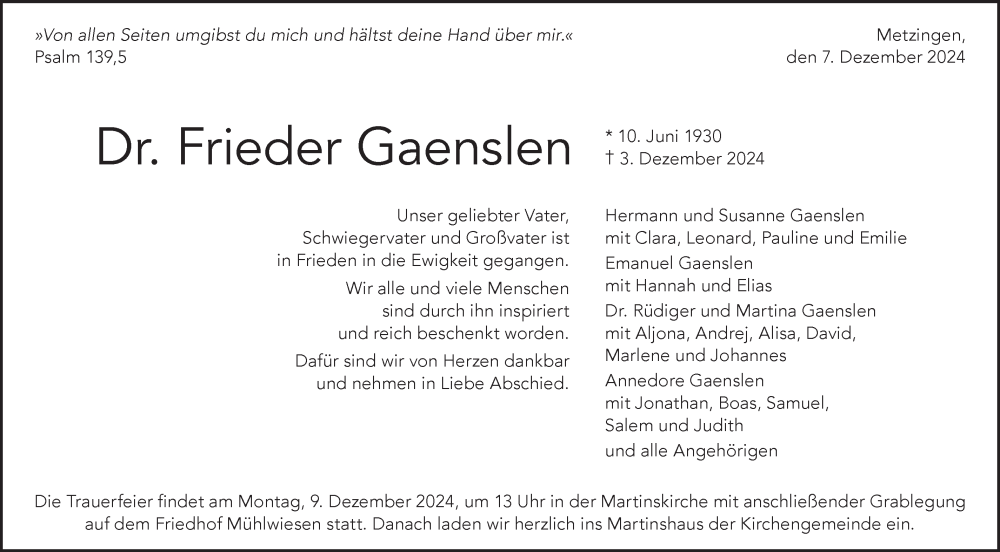  Traueranzeige für Frieder Gaenslen vom 07.12.2024 aus Alb-Bote/Metzinger-Uracher Volksblatt