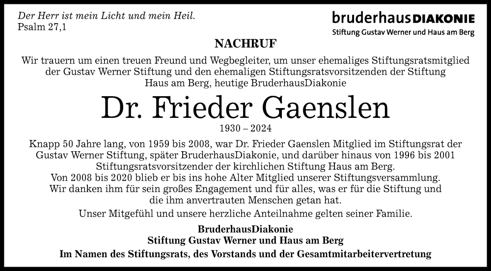  Traueranzeige für Frieder Gaenslen vom 13.12.2024 aus Alb-Bote/Metzinger-Uracher Volksblatt