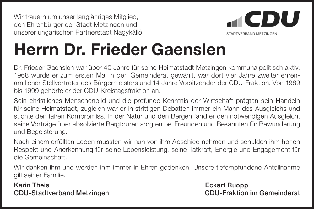  Traueranzeige für Frieder Gaenslen vom 10.12.2024 aus Alb-Bote/Metzinger-Uracher Volksblatt