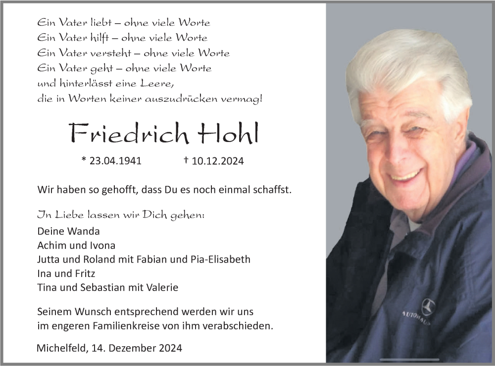  Traueranzeige für Friedrich Hohl vom 14.12.2024 aus Haller Tagblatt