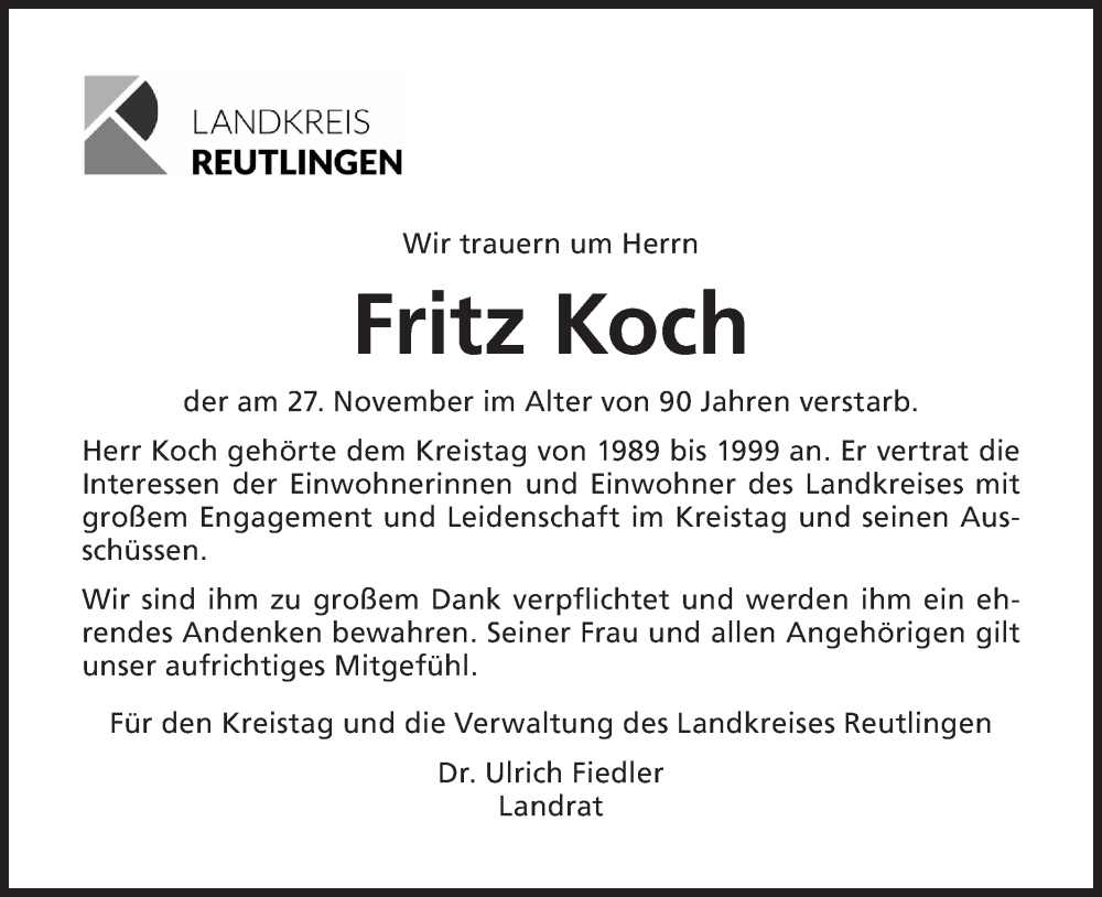  Traueranzeige für Fritz Koch vom 10.12.2024 aus Alb-Bote/Metzinger-Uracher Volksblatt