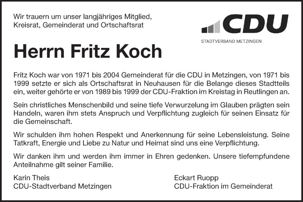  Traueranzeige für Fritz Koch vom 05.12.2024 aus Alb-Bote/Metzinger-Uracher Volksblatt