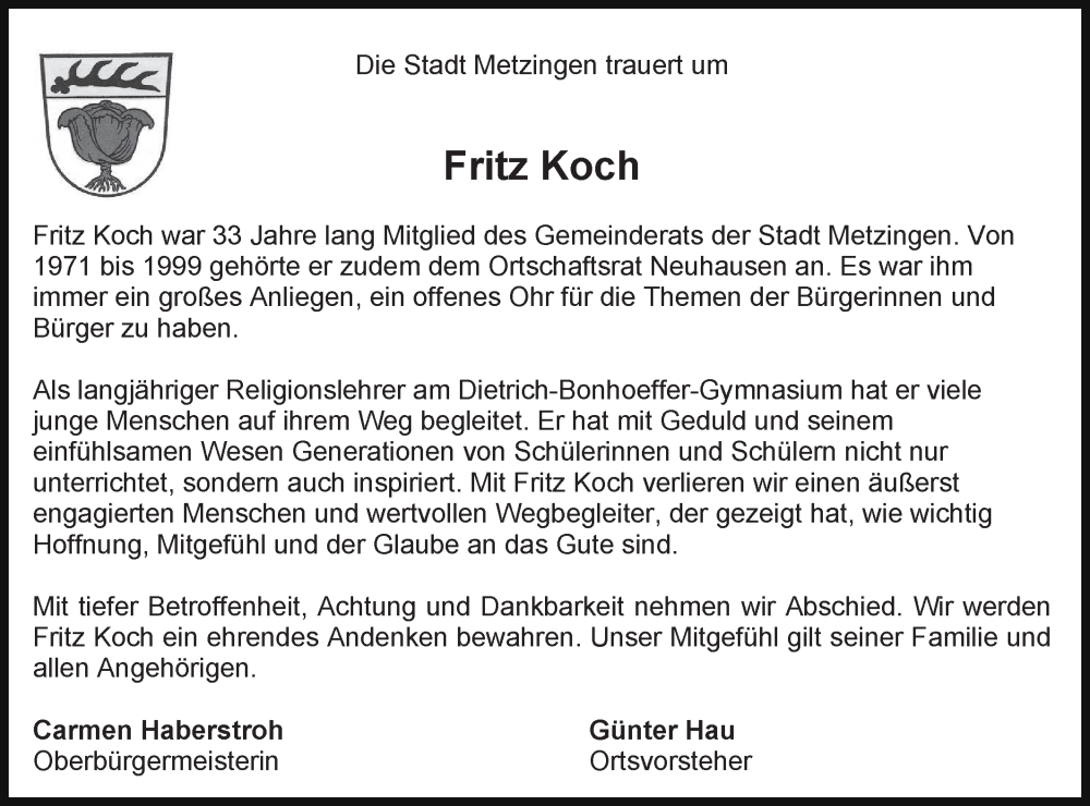  Traueranzeige für Fritz Koch vom 04.12.2024 aus Alb-Bote/Metzinger-Uracher Volksblatt