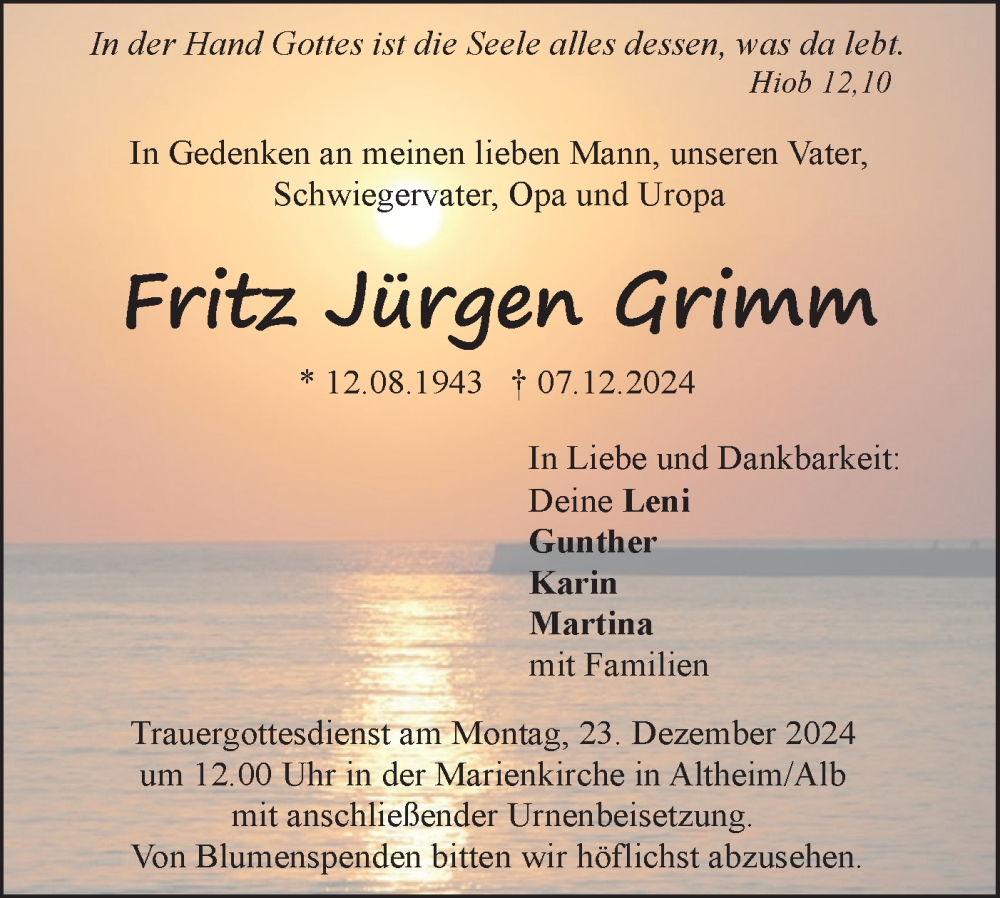  Traueranzeige für Fritz Jürgen Grimm vom 21.12.2024 aus SÜDWEST PRESSE Ausgabe Ulm/Neu-Ulm