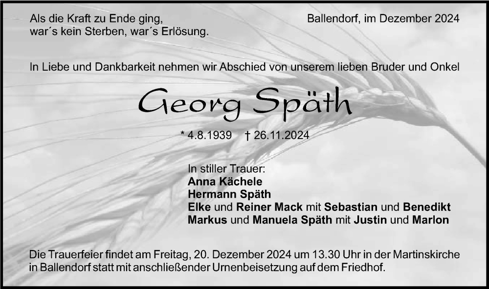  Traueranzeige für Georg Späth vom 17.12.2024 aus SÜDWEST PRESSE Ausgabe Ulm/Neu-Ulm