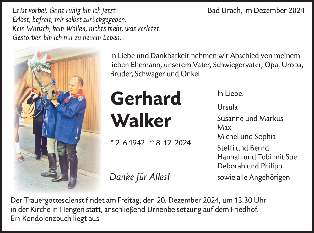  Traueranzeige für Gerhard Walker vom 13.12.2024 aus Alb-Bote/Metzinger-Uracher Volksblatt