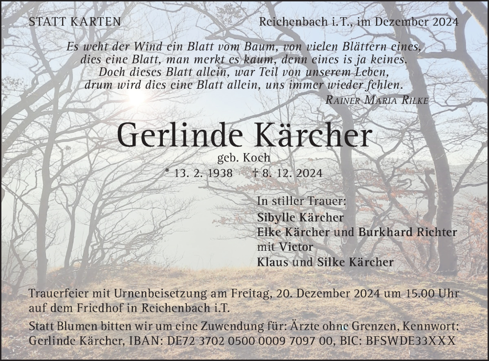  Traueranzeige für Gerlinde Kärcher vom 14.12.2024 aus Geislinger Zeitung