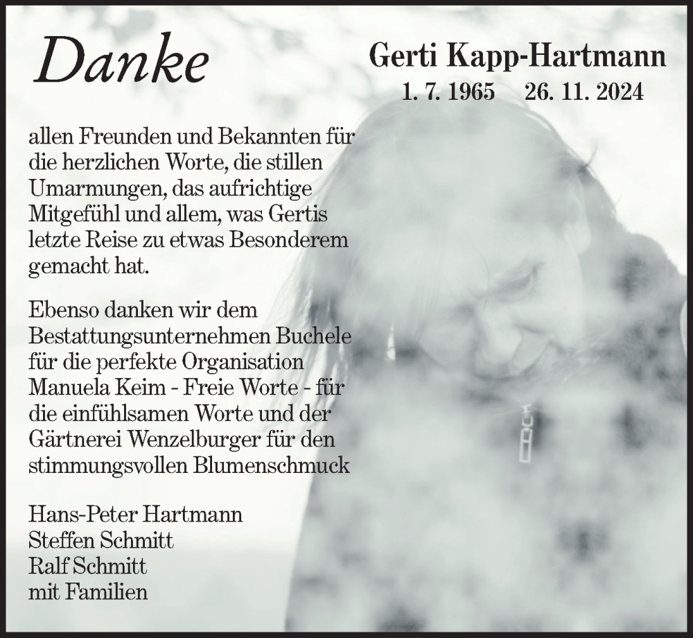  Traueranzeige für Gerti Kapp-Hartmann vom 19.12.2024 aus NWZ Neue Württembergische Zeitung