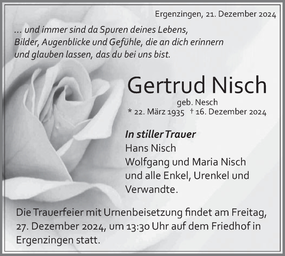  Traueranzeige für Gertrud Nisch vom 21.12.2024 aus Schwäbische Tagblatt