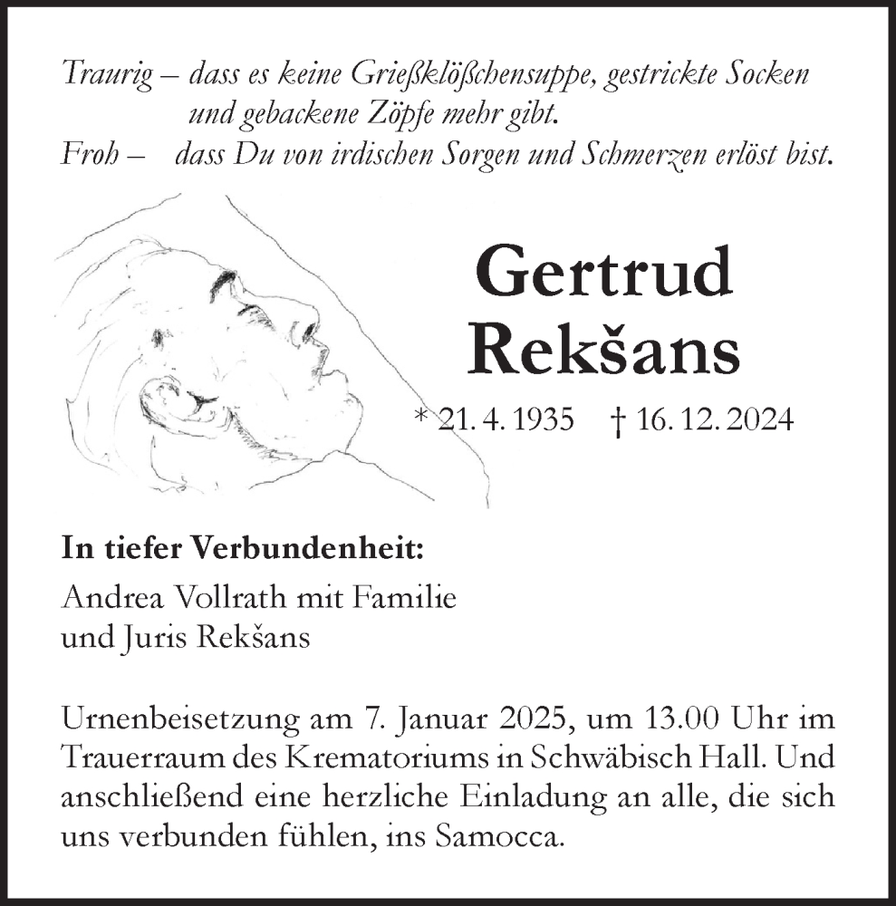  Traueranzeige für Gertrud Reksans vom 20.12.2024 aus Haller Tagblatt