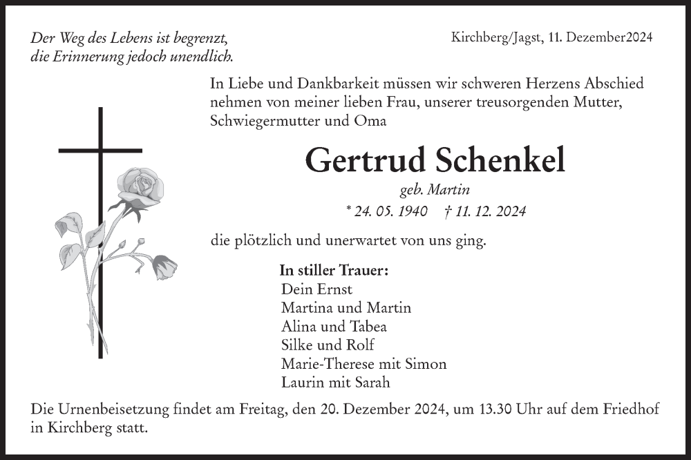  Traueranzeige für Gertrud Schenkel vom 18.12.2024 aus Hohenloher Tagblatt
