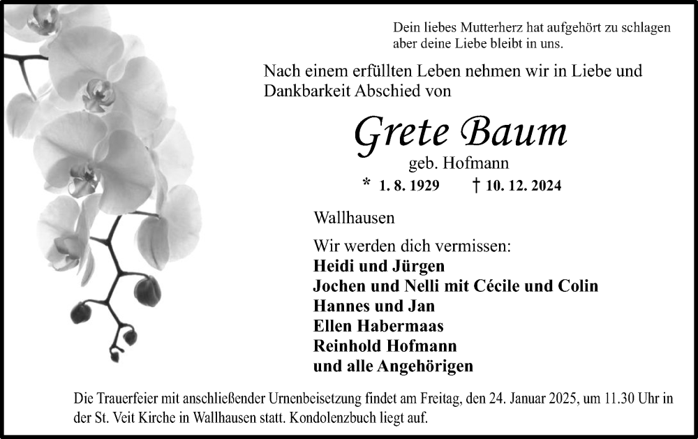  Traueranzeige für Grete Baum vom 21.12.2024 aus Hohenloher Tagblatt