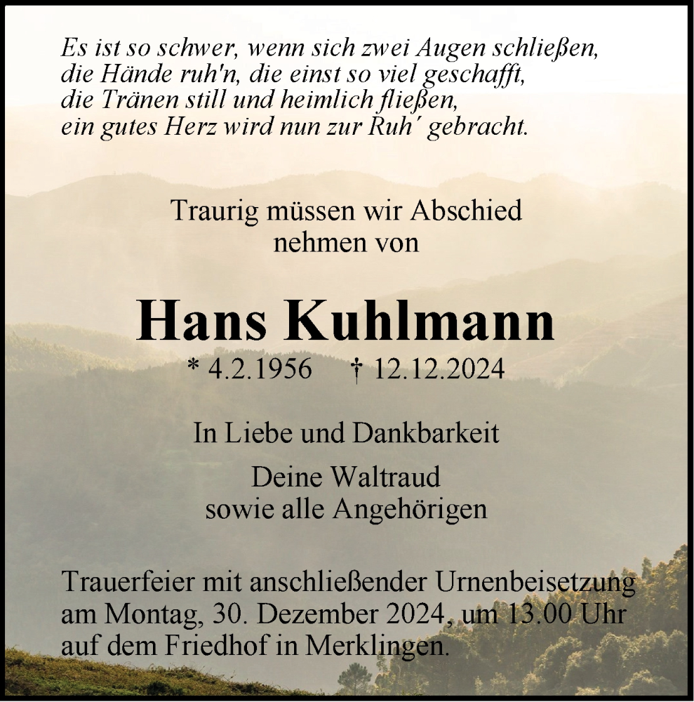  Traueranzeige für Hans Kuhlmann vom 27.12.2024 aus Geislinger Zeitung