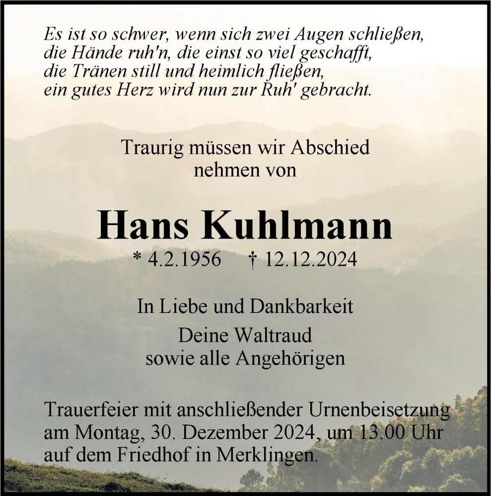  Traueranzeige für Hans Kuhlmann vom 27.12.2024 aus SÜDWEST PRESSE Ausgabe Ulm/Neu-Ulm