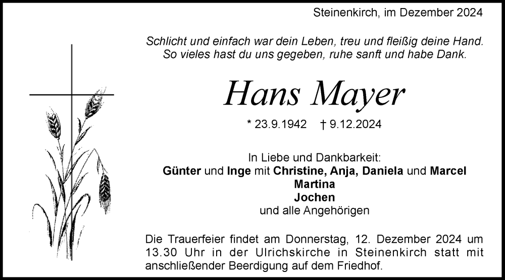  Traueranzeige für Hans Mayer vom 11.12.2024 aus Geislinger Zeitung