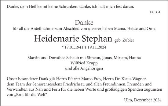 Traueranzeige von Heidemarie Stephan von SÜDWEST PRESSE Ausgabe Ulm/Neu-Ulm