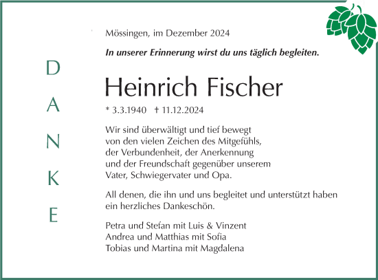 Traueranzeige von Heinrich Fischer von Schwäbische Tagblatt