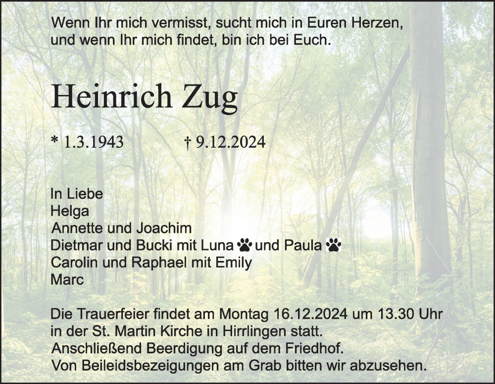  Traueranzeige für Heinrich Zug vom 14.12.2024 aus Schwäbische Tagblatt