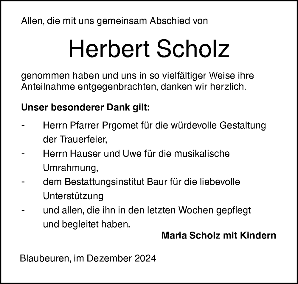  Traueranzeige für Herbert Scholz vom 14.12.2024 aus SÜDWEST PRESSE Ausgabe Ulm/Neu-Ulm