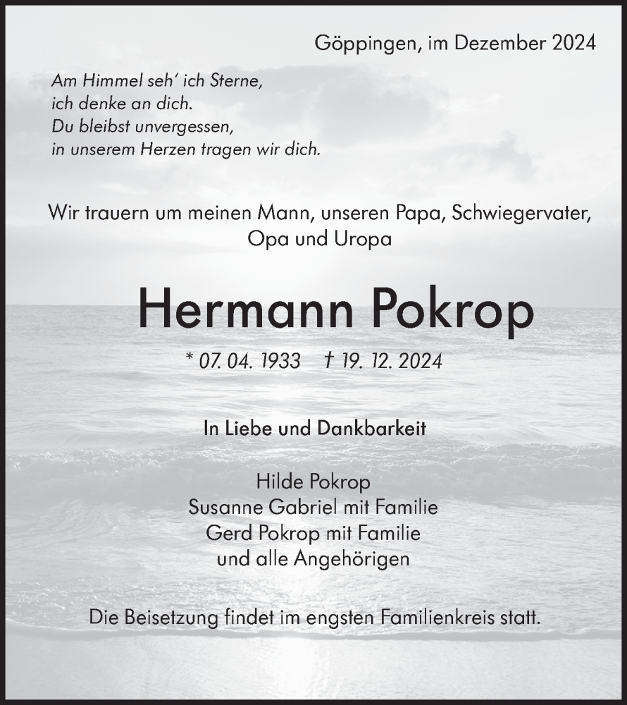  Traueranzeige für Hermann Pokrop vom 24.12.2024 aus NWZ Neue Württembergische Zeitung
