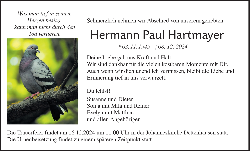  Traueranzeige für Hermann Paul Hartmayer vom 12.12.2024 aus Schwäbische Tagblatt