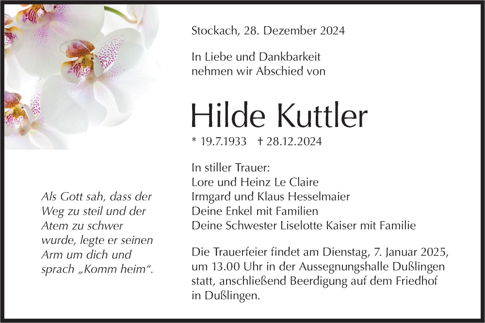  Traueranzeige für Hilde Kuttler vom 31.12.2024 aus Schwäbische Tagblatt