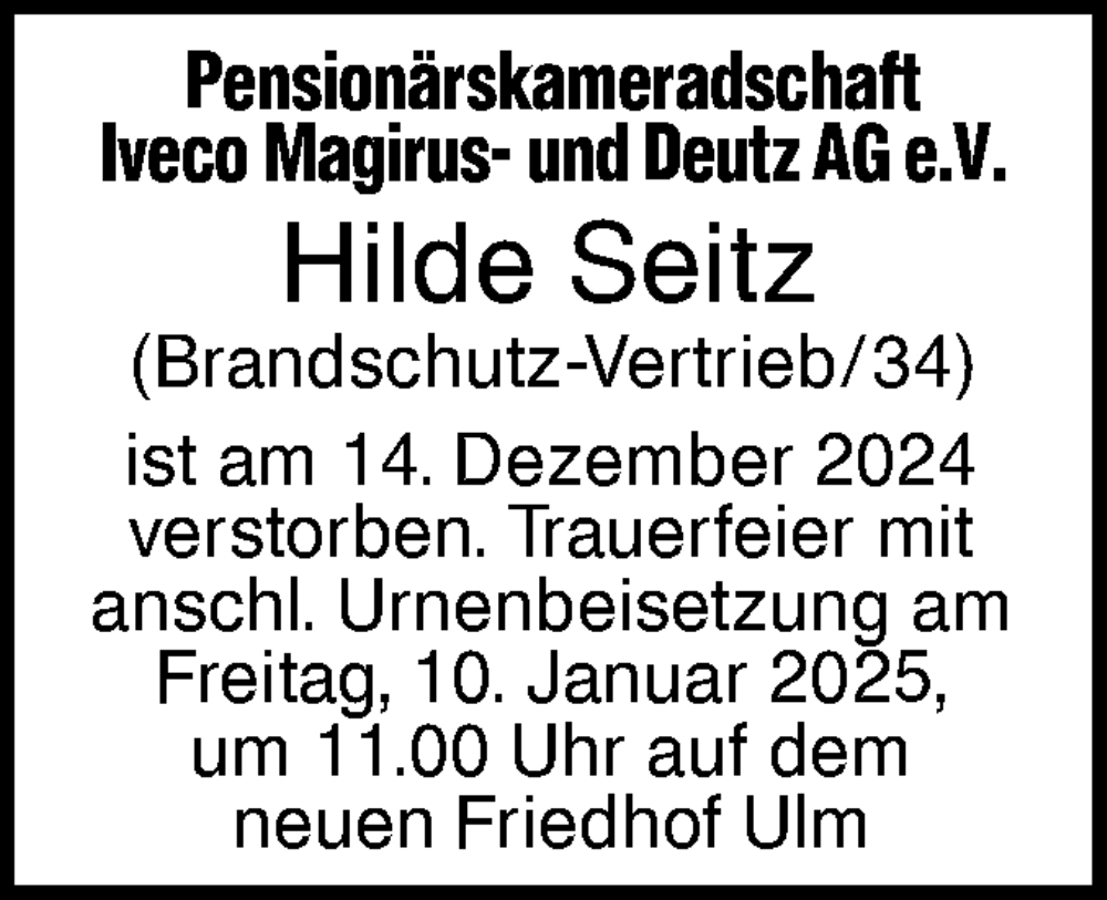  Traueranzeige für Hilde Seitz vom 19.12.2024 aus SÜDWEST PRESSE Ausgabe Ulm/Neu-Ulm