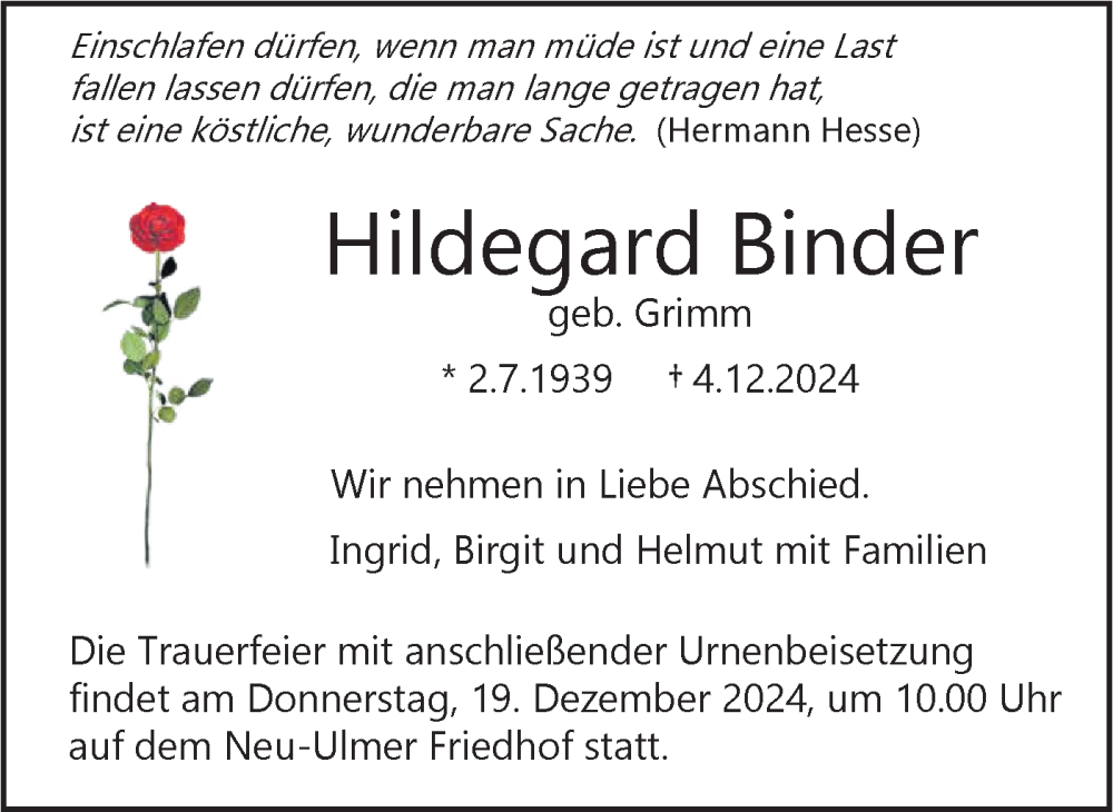  Traueranzeige für Hildegard Binder vom 14.12.2024 aus SÜDWEST PRESSE Ausgabe Ulm/Neu-Ulm