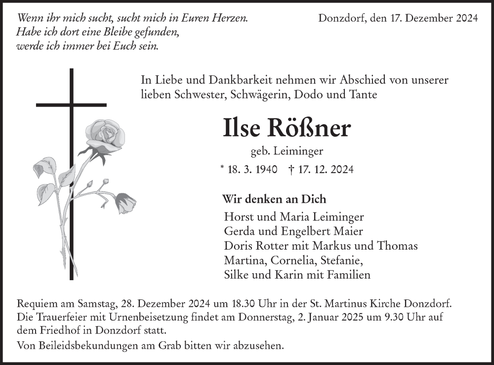  Traueranzeige für Ilse Rößner vom 28.12.2024 aus NWZ Neue Württembergische Zeitung
