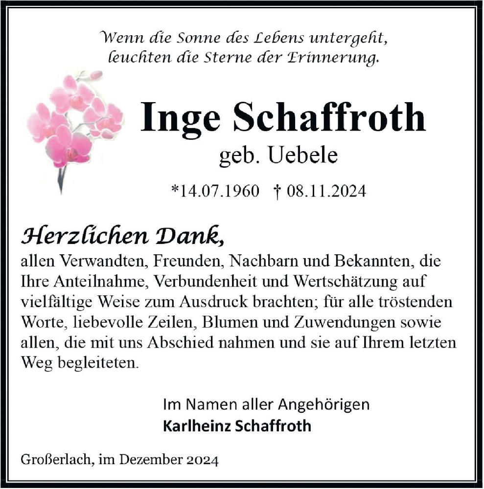  Traueranzeige für Inge Schaffroth vom 21.12.2024 aus Haller Tagblatt