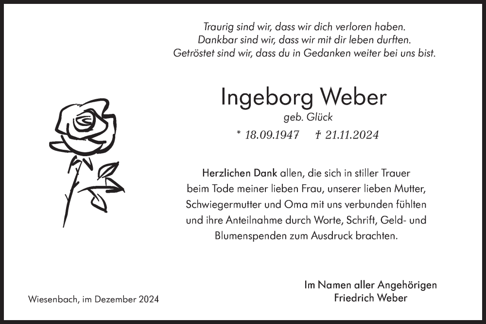  Traueranzeige für Ingeborg Weber vom 18.12.2024 aus Hohenloher Tagblatt