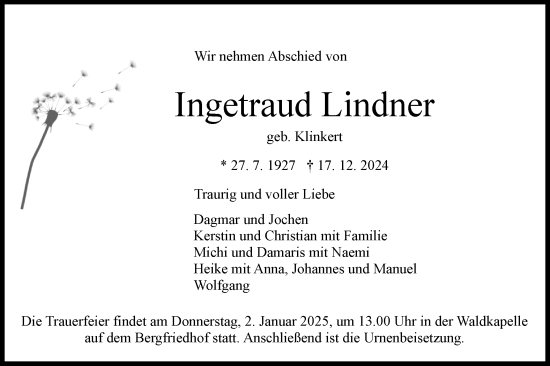 Traueranzeige von Ingetraud Lindner von Schwäbische Tagblatt