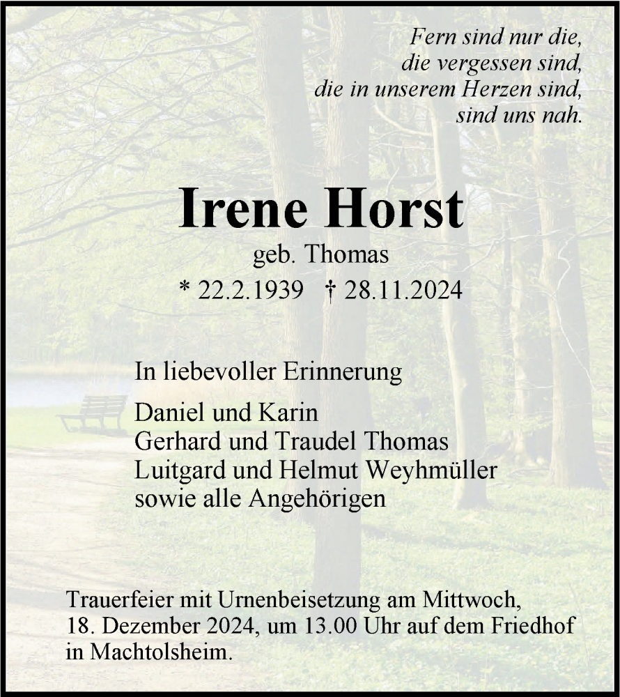  Traueranzeige für Irene Horst vom 14.12.2024 aus SÜDWEST PRESSE Ausgabe Ulm/Neu-Ulm