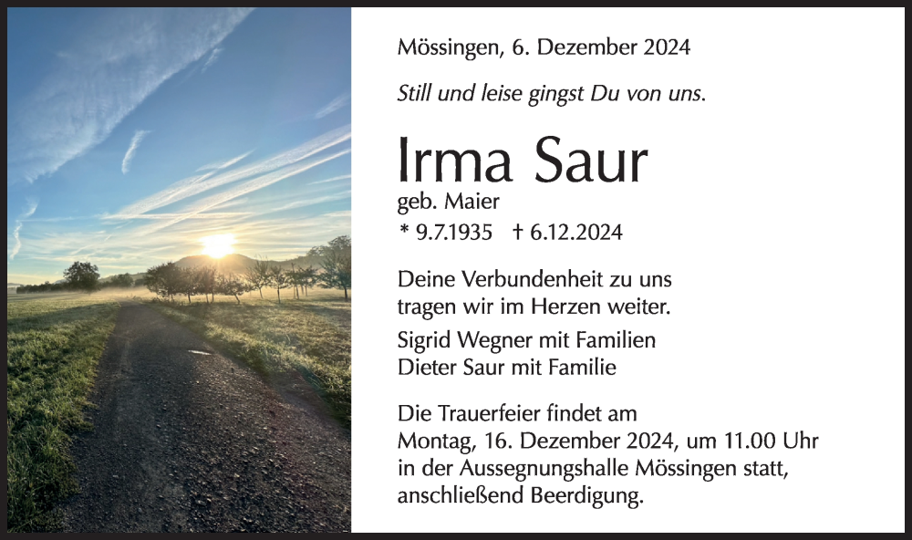  Traueranzeige für Irma Saur vom 11.12.2024 aus Schwäbische Tagblatt