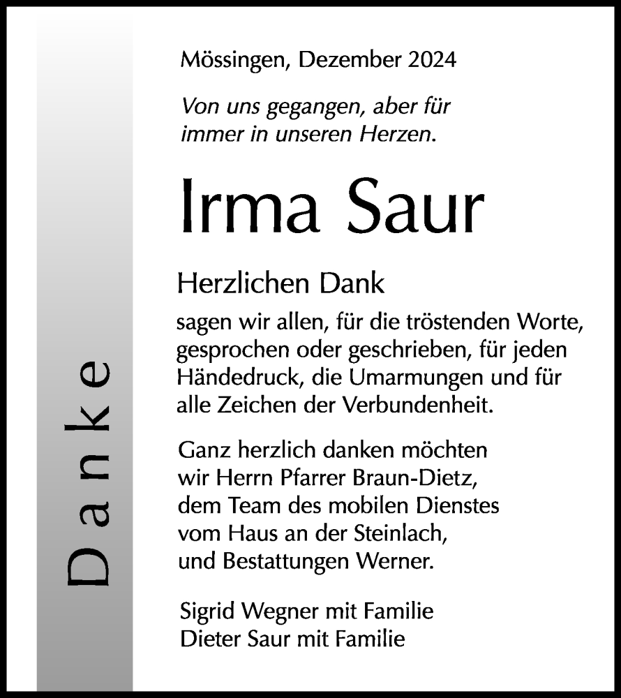  Traueranzeige für Irma Saur vom 24.12.2024 aus Schwäbische Tagblatt