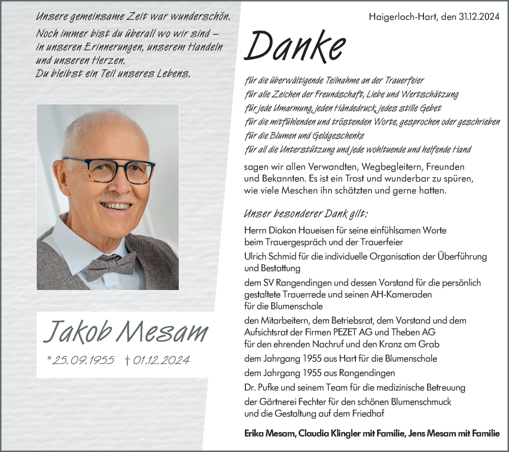  Traueranzeige für Jakob Mesam vom 31.12.2024 aus SÜDWEST PRESSE Zollernalbkreis/Hohenzollerische Zeitung