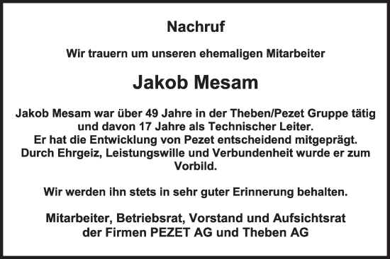 Traueranzeige von Jakob Mesam von SÜDWEST PRESSE Zollernalbkreis/Hohenzollerische Zeitung