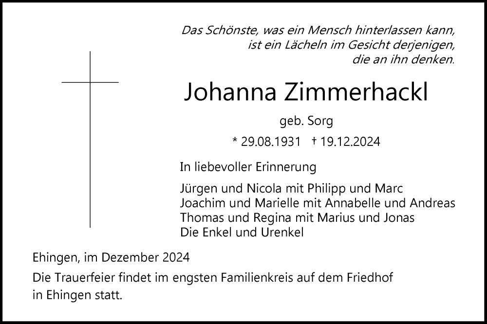  Traueranzeige für Johanna Zimmerhackl vom 21.12.2024 aus Ehinger Tagblatt
