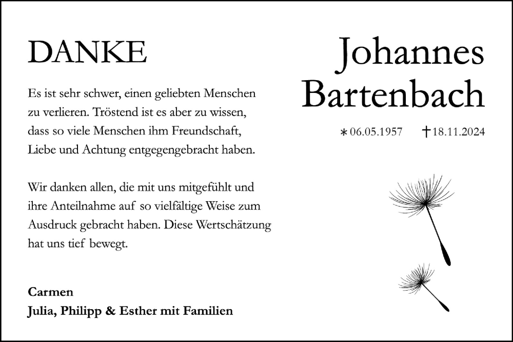  Traueranzeige für Johannes Bartenbach vom 21.12.2024 aus Geislinger Zeitung