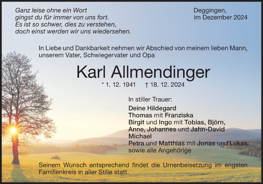  Traueranzeige für Karl Allmendinger vom 28.12.2024 aus Geislinger Zeitung