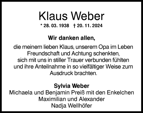 Traueranzeige von Klaus Weber von NWZ Neue Württembergische Zeitung