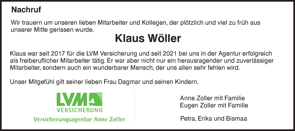  Traueranzeige für Klaus Wöller vom 21.12.2024 aus NWZ Neue Württembergische Zeitung/Geislinger Zeitung