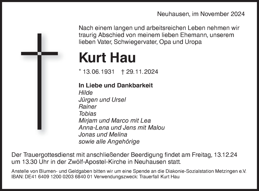  Traueranzeige für Kurt Hau vom 03.12.2024 aus Alb-Bote/Metzinger-Uracher Volksblatt