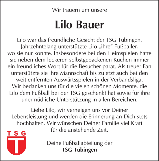 Traueranzeige von Lilo Bauer von Schwäbische Tagblatt