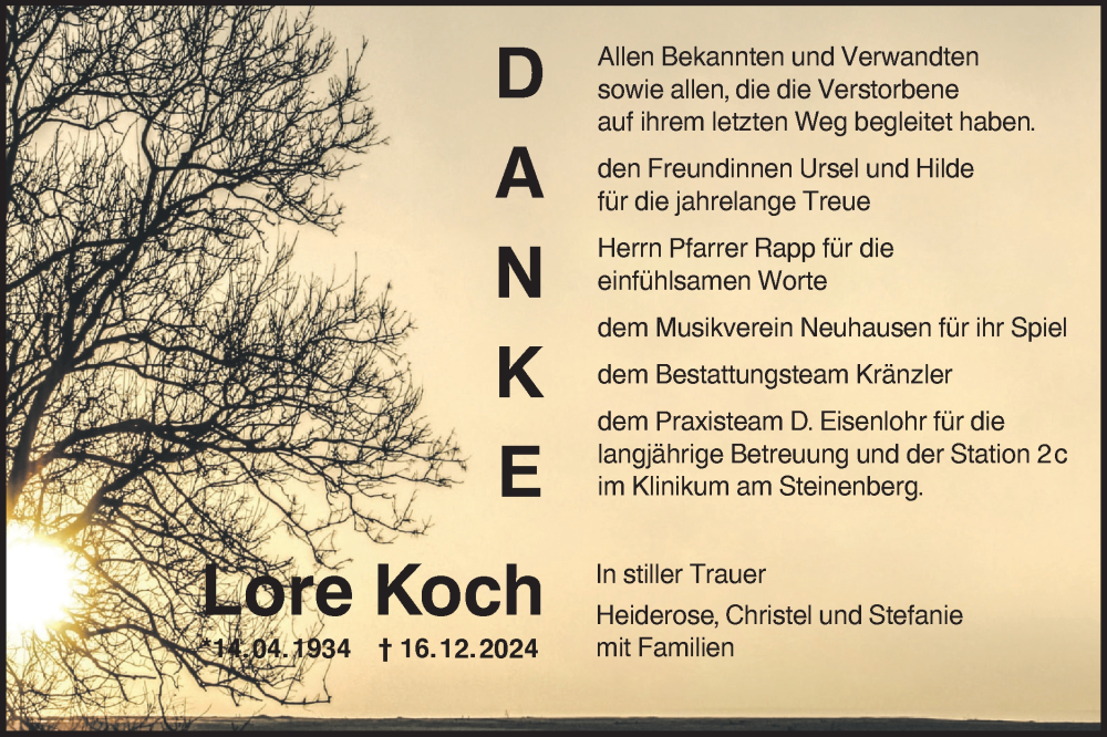  Traueranzeige für Lore Koch vom 31.12.2024 aus Alb-Bote/Metzinger-Uracher Volksblatt