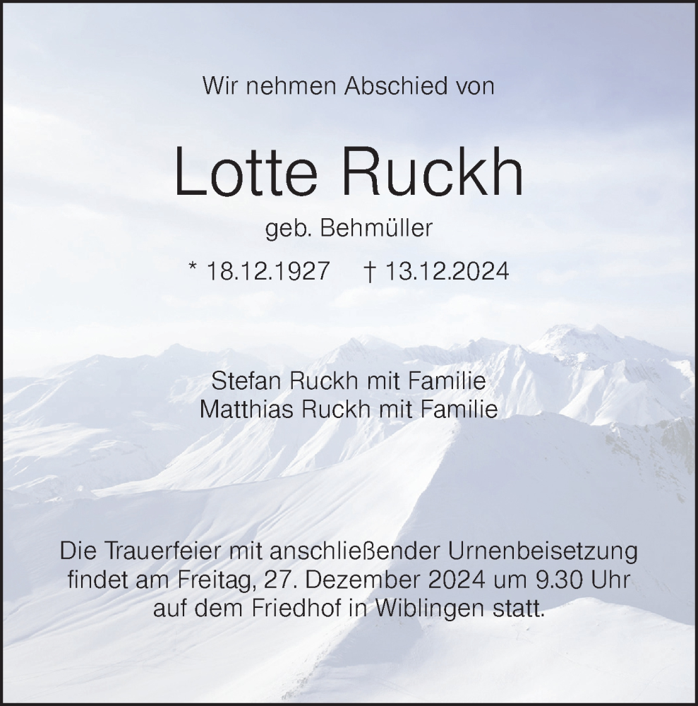  Traueranzeige für Lotte Ruckh vom 21.12.2024 aus SÜDWEST PRESSE Ausgabe Ulm/Neu-Ulm