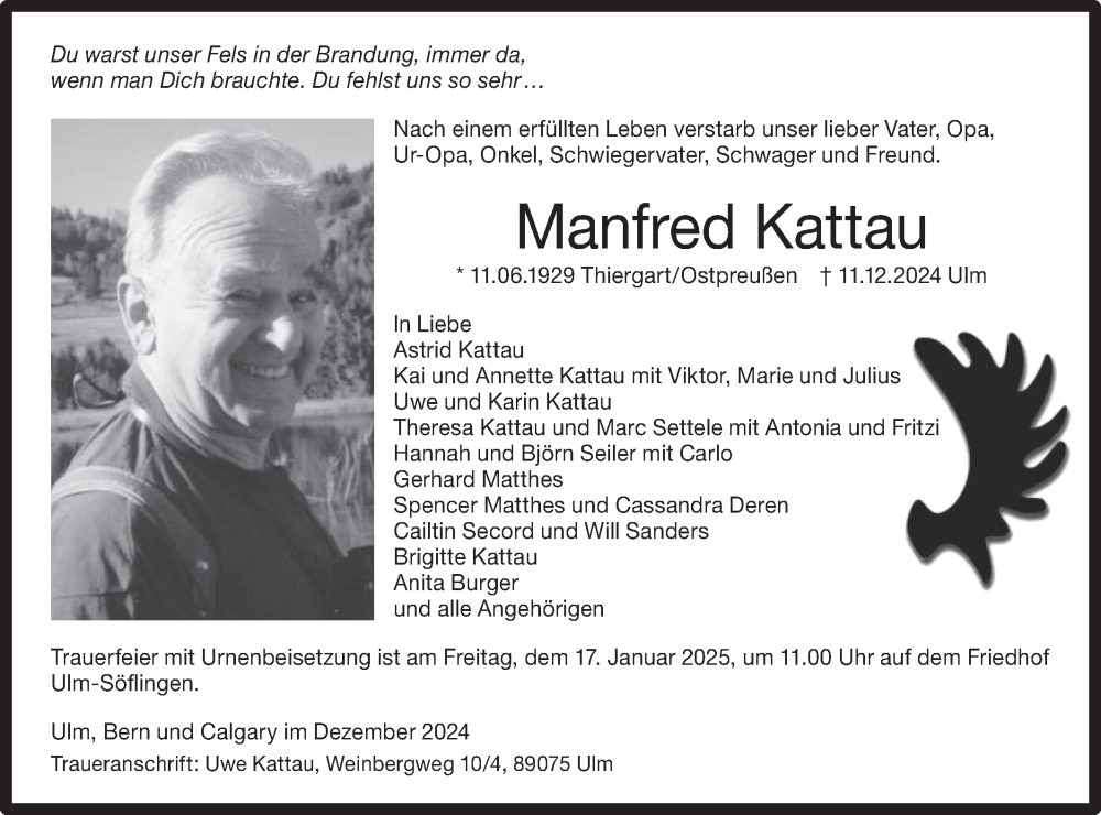  Traueranzeige für Manfred Kattau vom 21.12.2024 aus SÜDWEST PRESSE Ausgabe Ulm/Neu-Ulm