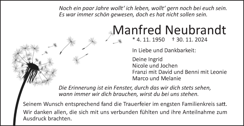  Traueranzeige für Manfred Neubrandt vom 19.12.2024 aus Geislinger Zeitung