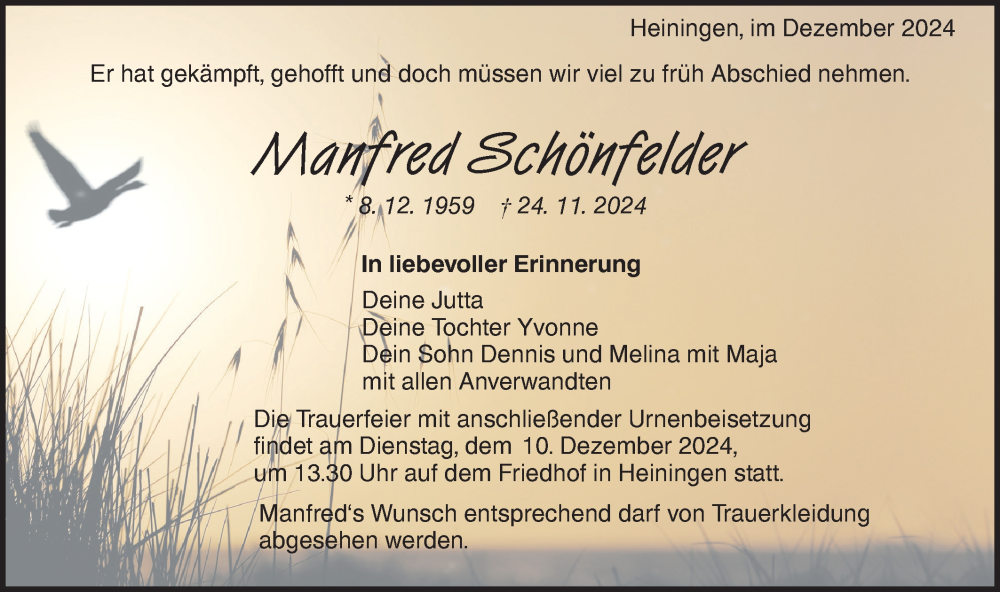  Traueranzeige für Manfred Schönfelder vom 04.12.2024 aus NWZ Neue Württembergische Zeitung