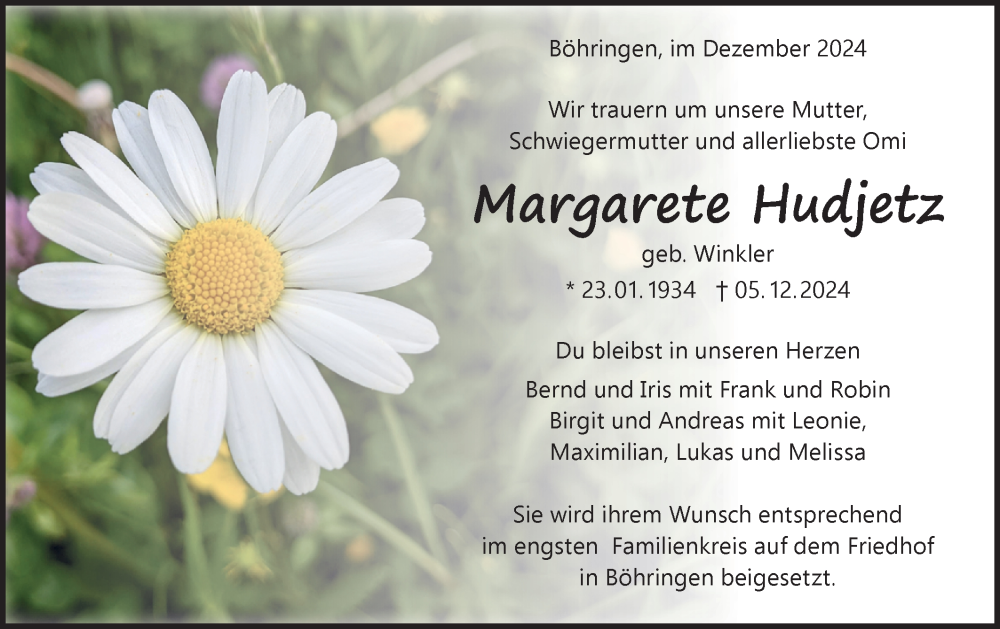  Traueranzeige für Margarete Hudjetz vom 13.12.2024 aus Alb-Bote/Metzinger-Uracher Volksblatt